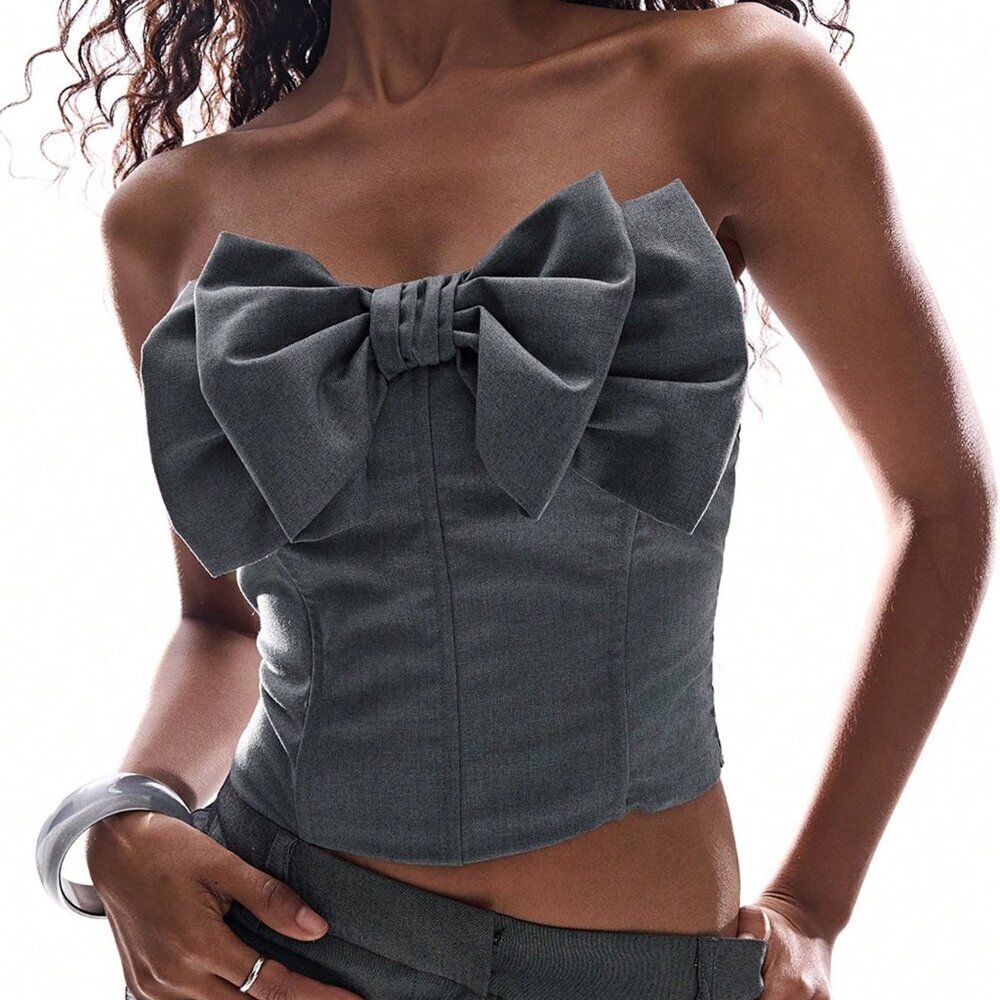 Grey Casual Women's Corset Bustier Top  Fishbone Bow And Padded Cups